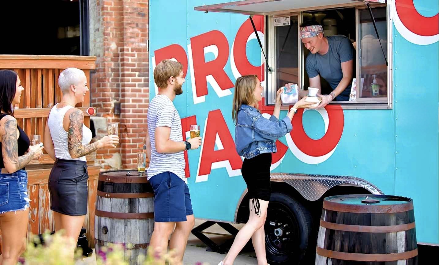 Pronto Taco food truck trailer set up and ready to serve