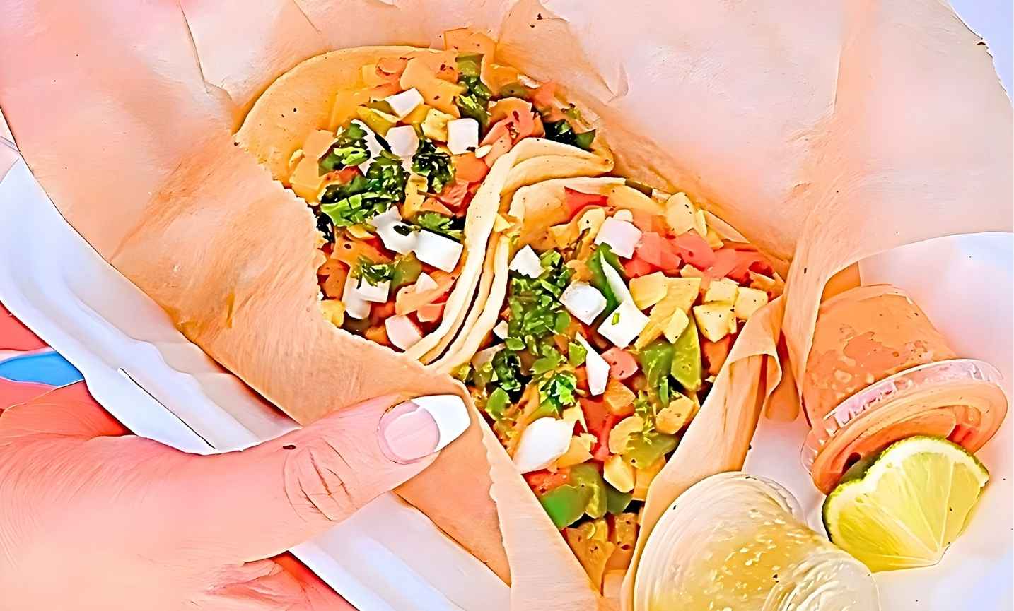Guests holding taco boxes and drinks at a Cinco de Mayo celebration